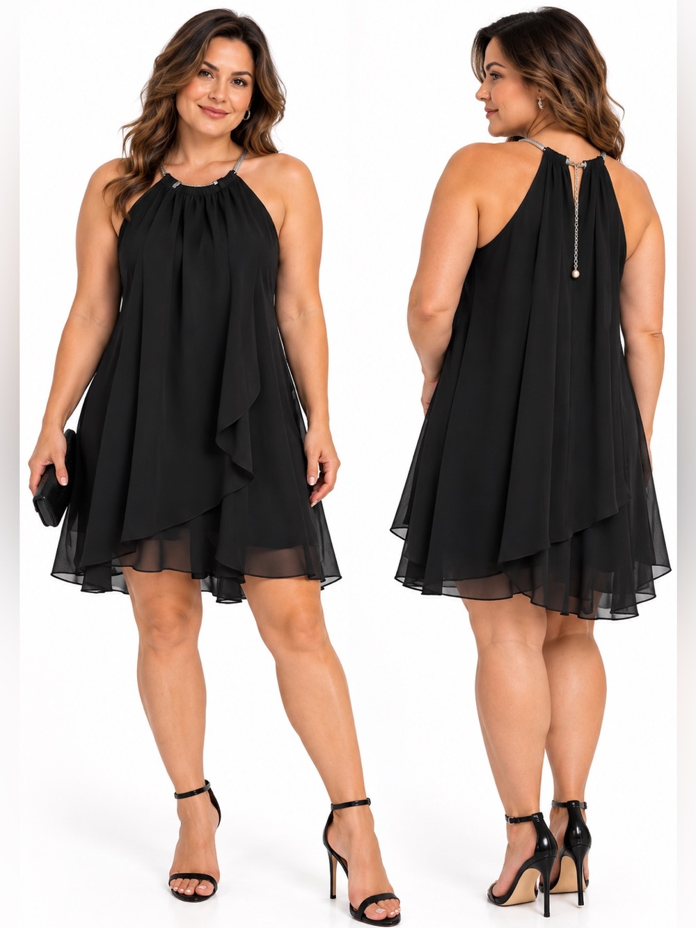 NWT Jessica Howard Black Halter Neck Gold Neck Dress womens 14P